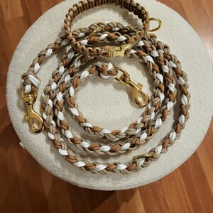 K&ouml;nnte beinhalten: Ein braunes und wei&szlig;es geflochtenes Hundehalsband und Leinenset mit goldenen Beschl&auml;gen. Die Leine ist etwa 1,5 Meter lang und das Halsband 40 cm.