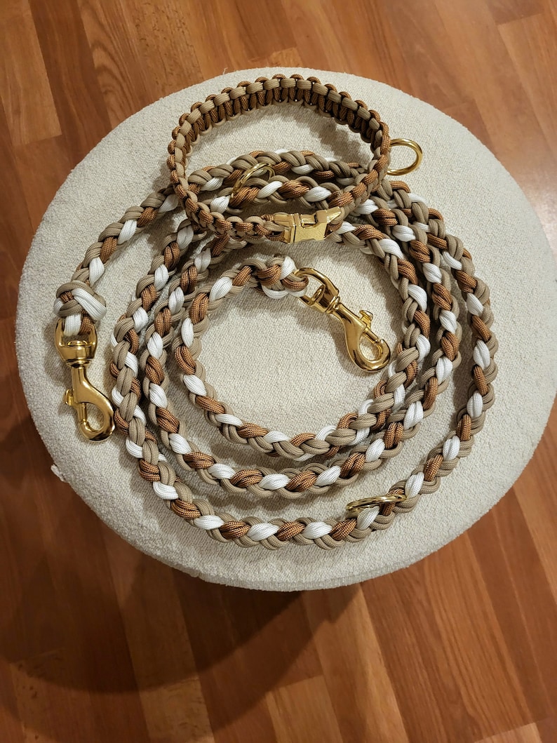 K&ouml;nnte beinhalten: Ein braunes und wei&szlig;es geflochtenes Hundehalsband und Leinenset mit goldenen Beschl&auml;gen. Die Leine ist etwa 1,5 Meter lang und das Halsband 40 cm.