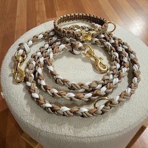 K&ouml;nnte beinhalten: Ein braunes und wei&szlig;es Paracord-Hundehalsband und -leine-Set mit goldenen Beschl&auml;gen. Die Leine ist geflochten und hat ein wei&szlig;-braunes Muster. Das Halsband ist eine einfache Schlaufe mit einer goldenen Schnalle.