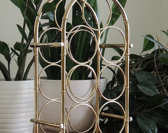 Vintage Brass/Gold Tone Faux Bamboo 7 Bottle Wine Rack, excellent condition