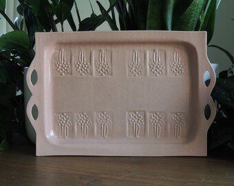 Vintage Studio Pottery Large Rectangular Speckled Rose Pink Glaze With Relief Floral Bouquets Ovenproof Platter, excellent condition