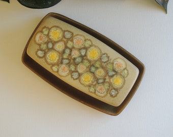 Rare 70's vintage Franciscan Reflections green/yellow/peach glaze dots, with sand colored background Covered Stoneware Butter Dish, like new
