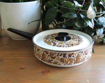 Vintage Aubeco France Enamel On Steel Brown/Yellow Retro Flowers Pan/Skillet, NEW