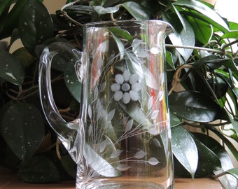 Vintage/Antique Clear Crystal Etched Floral Design Pitcher, amazing condition