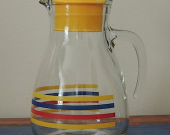 Vintage Cerve Italy Yellow, Red, Blue Striped Glass Pitcher With Lid, excellent condition