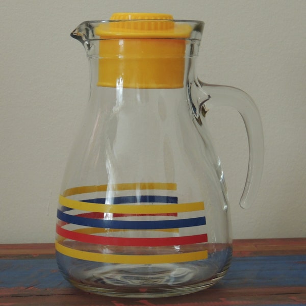 Vintage Cerve Italy Yellow, Red, Blue Striped Glass Pitcher With Lid, excellent condition