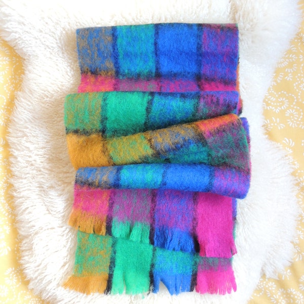 Vintage Italian Plaid Mohair Wool Blend Scarf, as new