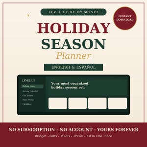 Op de afbeelding: Een digitale vakantieplanner met een crèmekleurige achtergrond en donkergroene en bordeauxrode tekst. Het bevat de titel Holiday Season Planner, English & Español, en een dashboard met secties voor Holiday Home, Calendar, Gift Tracker en Black Friday.