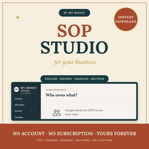Op de afbeelding: Een digitaal sjabloon getiteld SOP STUDIO BY MY MONEY voor uw bedrijf. Het bevat een dashboard-interface met secties voor Overview, SOP Library, Run SOP en Templates. De tekst bevat INSTANT DOWNLOAD, NO ACCOUNT, NO SUBSCRIPTION, YOURS FOREVER.