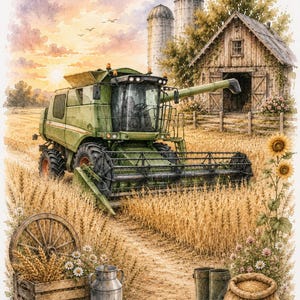 Könnte beinhalten: Eine Aquarellillustration eines grünen Mähdreschers auf einem goldenen Weizenfeld. Im Hintergrund stehen eine Holzscheune und zwei Silos unter einem Sonnenuntergangshimmel. Im Vordergrund befinden sich eine Holzkiste mit Weizen, eine Milchkanne und Stiefel.