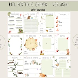 May include: A collection of printable portfolio templates for kindergarten, daycare, or home use. The pages feature watercolor illustrations of woodland animals and plants, with fill-in-the-blank sections for personal information and memories. The text "KITA PORTFOLIO ORDNER - VORLAGEN" is at the top.