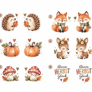 Könnte beinhalten: Eine Sammlung von sechs nummerierten Illustrationen im Aquarellstil mit herbstlichen Motiven: Igel mit Blättern, Füchse mit Schals, Kürbisse, Rehkitze mit Blumenkränzen, Pilze und der deutsche Text Kleines HERBST Glück mit Blattakzenten.