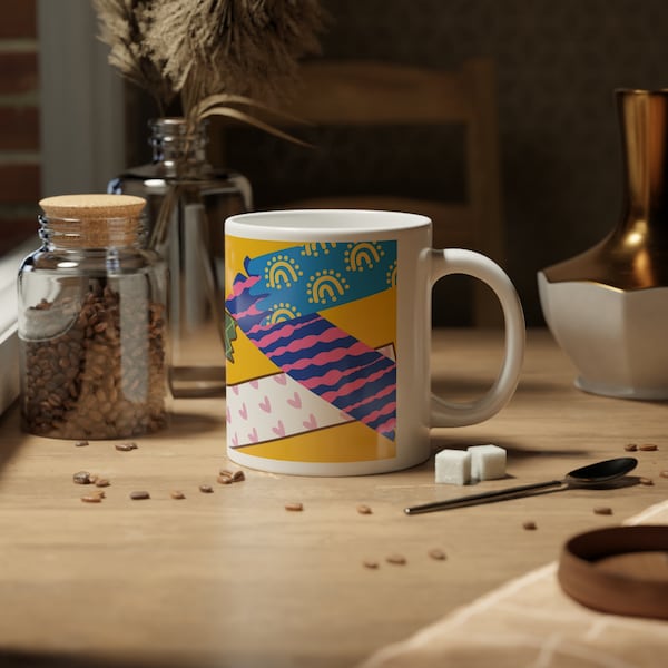 Jumbo-Keramikbecher mit 590 ml Fassungsvermögen, Washi-Tape-Design – große Keramik-Kaffeetasse mit buntem Bandmuster, einzigartiges Geschenk für Bastler