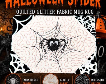 Halloween Spider Mug Rug, Quilted Coffee Coaster, Embroidered Spider Mug Mat, Reversible Fabric Coaster, Spooky Coffee Bar Decor