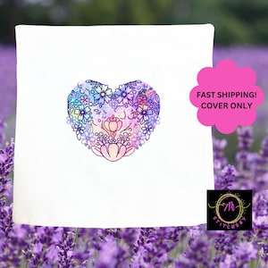 Embroidered Floral Heart Pillow Cover: Purple Pastel Decor