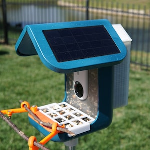 Pu&ograve; includere: Un mangiatoia per uccelli blu con un pannello solare in cima e un obiettivo della fotocamera sul davanti. La mangiatoia ha un vassoio bianco con semi per uccelli e un ramo marrone per gli uccelli su cui appollaiarsi.