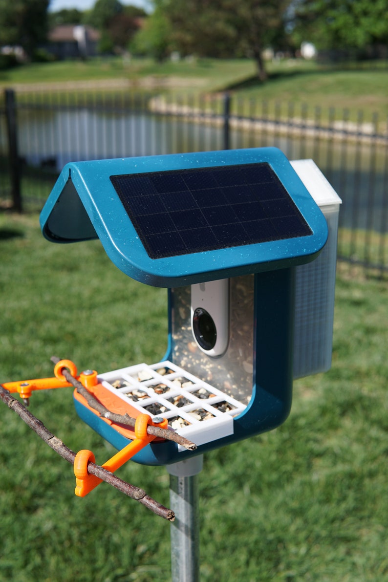 Pu&ograve; includere: Un mangiatoia per uccelli blu con un pannello solare in cima e un obiettivo della fotocamera sul davanti. La mangiatoia ha un vassoio bianco con semi per uccelli e un ramo marrone per gli uccelli su cui appollaiarsi.