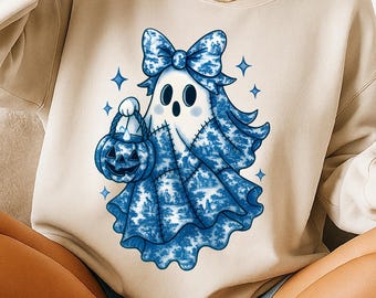 Halloween Blue Denim Ghost Png, Spooky Season Png, Trendy Patchwork Spooky Ghost Png, Cute Boo Ghost Coquette Png, Fall Pumpkin Png