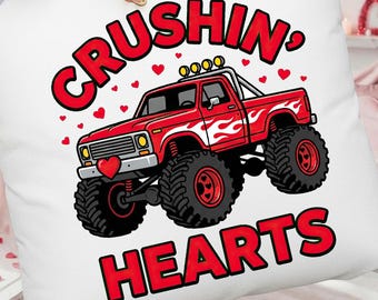 Crushin Hearts Toddler Shirt Graphic, Retro Distressed Kids Sublimation, Boy Valentine Monster Truck PNG Design