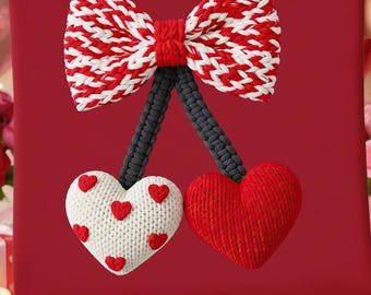 Valentine Yarn Heart PNG, Faux Crochet Knit Design, Cherry & Bow Clipart, Latch Hook Heart Valentine, Faux Glitter Berry Coquette Png
