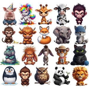 May include: A collection of cartoon animal illustrations, each with an angry expression. The animals include a pig, unicorn, giraffe, cow, monkey, bull, fox, elephant, wolf, hippo, rabbit, donkey, tiger, cat, penguin, owl, panda, and lion.