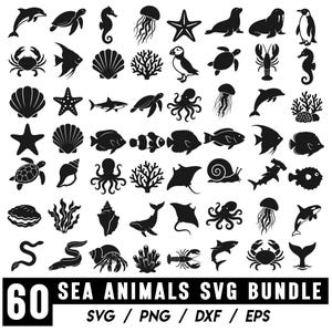 Puede incluir: Una colección de 60 iconos de silueta negra que representan varios animales marinos, conchas y formaciones de coral dispuestos en una cuadrícula. El texto inferior dice 60 SEA ANIMALS SVG BUNDLE SVG / PNG / DXF / EPS, un conjunto gráfico.