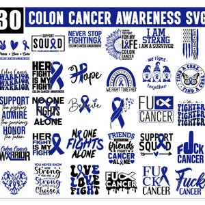 Puede incluir: Una colección de 30 diseños SVG con texto y gráficos relacionados con la concienciación sobre el cáncer de colon. Los diseños incluyen frases como "Esperanza", "Lucha" y "Superviviente", junto con cintas azules.