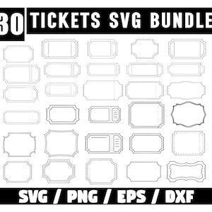 Op de afbeelding: Een zwart-wit SVG-bundel met 30 ticketontwerpen. De tickets hebben verschillende vormen en stijlen, met gestippelde en effen omtrekken. De tekst "30 TICKETS SVG BUNDLE" staat bovenaan en "SVG / PNG / EPS / DXF" onderaan.