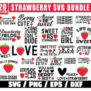 May include: A digital design bundle featuring 20 strawberry-themed SVG designs. The designs include phrases like "Berry Cute," "Sweet as Strawberry," and "Strawberry Fields Forever," along with strawberry illustrations. The file formats are SVG, PNG, EPS, and DXF.