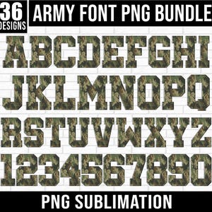 Bundle di caratteri png dell'esercito, vecchio mimetico dell'esercito, design digitale, alfabeto mimetico, pesca, campagna, caccia, militare occidentale