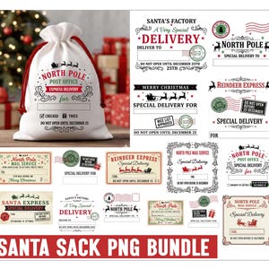 Pode incluir: Um saco de Natal branco com cordão vermelho e texto que diz "North Pole Post Office Express Delivery". A imagem também inclui vários rótulos e etiquetas com tema natalino com frases como "Special Delivery" e "Reindeer Express". As palavras "Santa Sack PNG Bundle" estão na parte inferior.