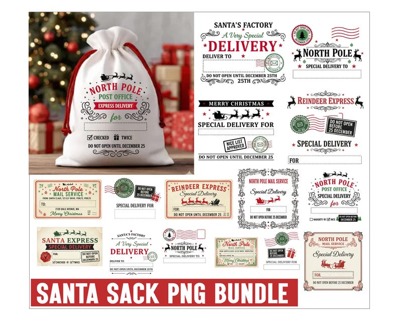 May include: A white Santa sack with red drawstring and text reading "North Pole Post Office Express Delivery." The image also includes various Christmas-themed labels and tags with phrases like "Special Delivery" and "Reindeer Express." The words "Santa Sack PNG Bundle" are at the bottom.