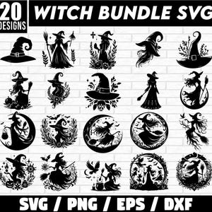 May include: A set of 20 black and white witch SVG designs. The designs feature witches, brooms, cats, and other Halloween-themed elements. The designs are perfect for creating t-shirts, mugs, stickers, and other crafts.