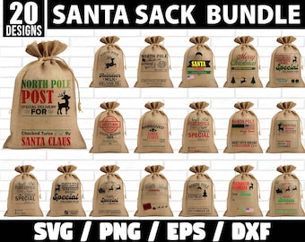 May include: A set of 20 digital designs for Santa sacks. The designs feature various Christmas themes, including "North Pole Post Office Special Delivery", "Reindeer Milk", "Santa's Mail", "Approved Santa Claus", "Don't Open Before December 25th", and "Merry Christmas".