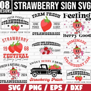 Boerderij aardbei teken SVG bundel, aardbei patch SVG, boerderij decor SVG, boerderij verse aardbeien SVG, boerderij zomer teken SVG