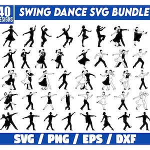 Könnte beinhalten: Ein Set mit 40 Schwarzweiß-Swing-Tanz-SVG-Designs. Die Designs zeigen Paare in verschiedenen Posen, alle in einem einfachen, eleganten Stil. SVG-, PNG-, EPS- und DXF-Dateiformate sind enthalten.