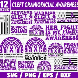 Paquete svg de conciencia craneofacial hendida, cinta púrpura svg, soporte de paladar hendido svg, cinta púrpura svg, apoyo familiar guerrero del paladar hendido