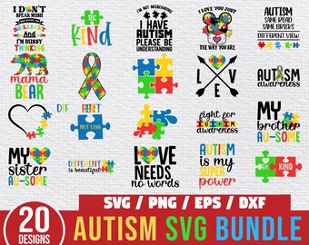 Puede incluir: Un conjunto de 20 diseños digitales con piezas de rompecabezas coloridas, corazones y texto relacionado con la concienciación sobre el autismo. Los diseños incluyen frases como "Tengo autismo, por favor, sé comprensivo", "El amor no necesita palabras", "El autismo es mi superpoder" y "Sé amable".