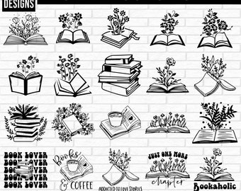 Pacote SVG de livro floral, livro floral svg, livro com flor svg, livro svg, flor svg, amantes de livros svg, arte de linha svg, contorno de flor, flor