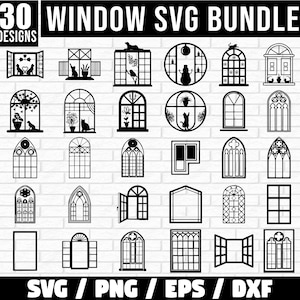 Puede incluir: Un conjunto de 30 diseños de ventanas SVG en blanco y negro. Los diseños incluyen varios estilos de ventanas, como ventanas arqueadas, rectangulares y de guillotina. Los diseños son perfectos para proyectos de manualidades, como cortar vinilo, papel o tela.