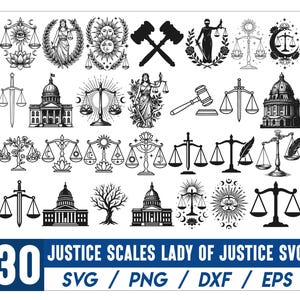 Pode incluir: Um conjunto de 30 gráficos SVG em preto e branco com balanças da justiça, a Dama da Justiça, martelos e elementos arquitetónicos. O texto na parte inferior diz "JUSTICE SCALES LADY OF JUSTICE SVG SVG / PNG / DXF / EPS".