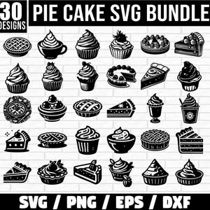 May include: A set of 30 black and white SVG designs of various pies and cakes. The designs include a variety of shapes and styles, such as cupcakes, pies, and cakes. The designs are perfect for use in crafting projects, such as creating cards, invitations, and decorations.
