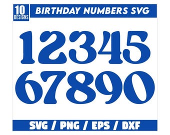 May include: Blue numbers 1 through 0 in a retro style font.  The numbers are isolated on a white background.  The text "10 DESIGNS" and "BIRTHDAY NUMBERS SVG" are in the top left and top center of the image.