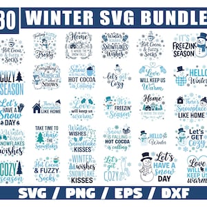 May include: A digital download bundle featuring 30 winter-themed SVG designs. The designs include snowflakes, snowmen, and winter phrases such as "Let's Get Cozy" and "Hot Cocoa & Fuzzy Socks." The colour palette includes shades of blue and white.