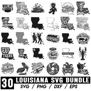 May include: A collection of 30 black and white digital graphic designs featuring Louisiana-themed imagery, including state maps, local wildlife, jazz musicians, food, and cultural symbols, labeled as a 30 Louisiana SVG bundle with SVG, PNG, DXF, and EPS.