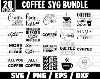 May include: A set of 20 black and white coffee-themed SVG designs. The designs feature various coffee-related quotes and illustrations, such as "Coffee is always a good idea", "Mama needs coffee", and "Coffee lover".