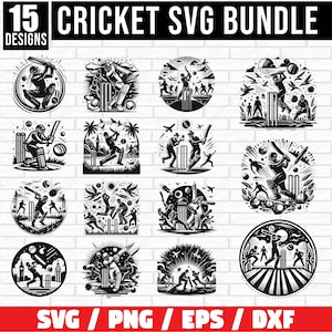Puede incluir: Un conjunto de 15 diseños de cricket SVG en blanco y negro. Los diseños presentan varias escenas de cricket, incluyendo jugadores bateando, lanzando y fildeando. Los diseños son perfectos para usar en proyectos de Cricut, scrapbooking y otras manualidades.