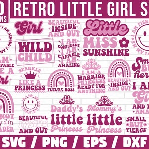 Retro kleines Mädchen-Svg-Bundle, kleine Mädchen-Zitate, kleine Mädchen-Sprüche, kleine Mädchen-Svg, Retro-Designs, lustige Kinder SVG, coole Kinder svg
