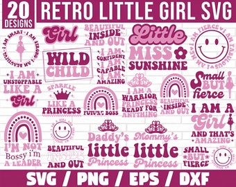 May include: A collection of 20 retro-style SVG designs featuring pink and purple text with phrases like "I am a Warrior Princess", "Little Miss Sunshine", and "Small but Fierce".