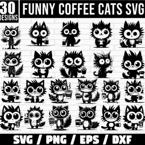 Coffee Cat Svg Bundle, Funny Coffee Cats PNG, Cat Drinking Coffee Svg, funny cat cartoon Clipart, Sarcastic Coffee Cat svg